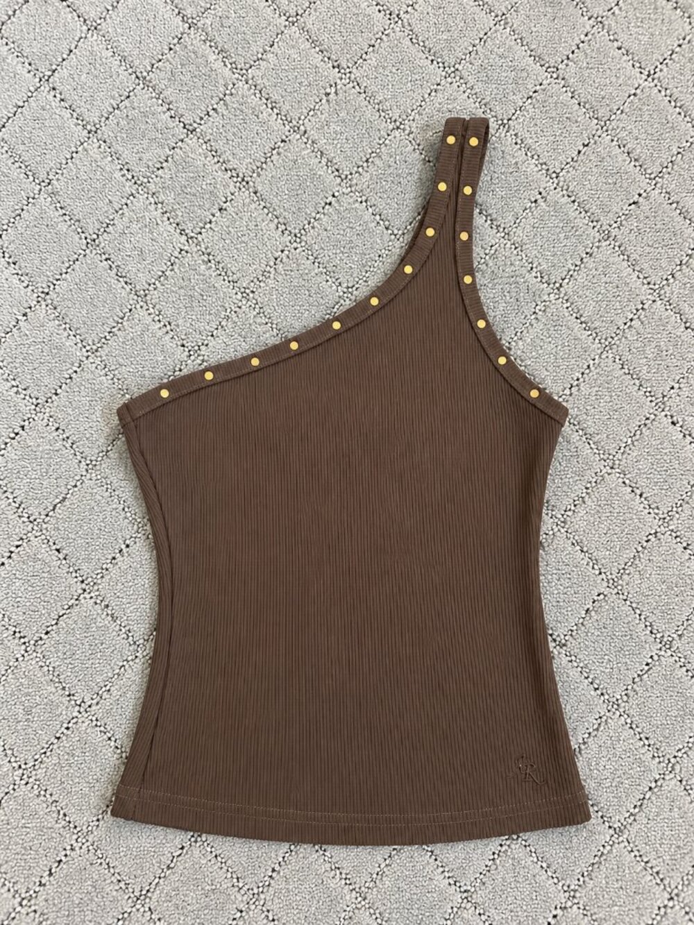 Brown One Shoulder Ribbed Tank Top Gold Studded Fitted Stretch Size S